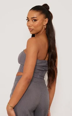 Tall Grey Pinstripe Bandeau Zip Up Top