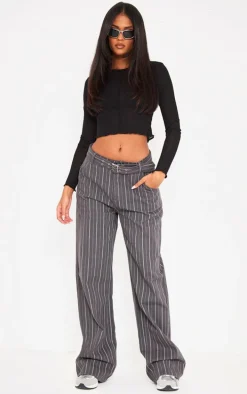 Tall Grey Pinstripe Low Rise Buckle Detail Jeans