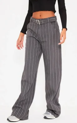 Tall Grey Pinstripe Low Rise Buckle Detail Jeans