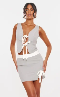 Tall Grey Pinstripe Open Tie Front Crop Top