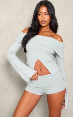 Tall Grey Textured Knit Cut Out Foldover Bardot Top