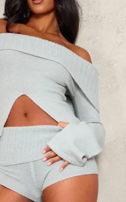 Tall Grey Textured Knit Cut Out Foldover Bardot Top