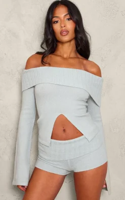 Tall Grey Textured Knit Foldover Shorts