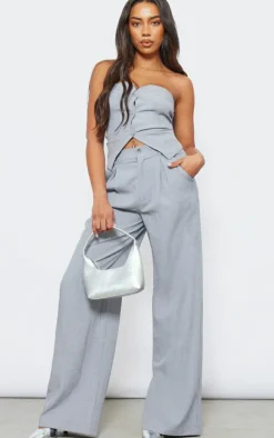 Tall Grey Woven Bandeau Button Up Top