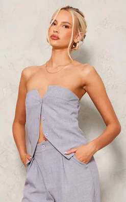 Tall Grey Woven Bandeau Button Down Top