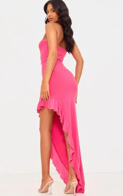Tall Hot Pink Slinky Ruffle Trim Midaxi Dress