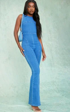 Tall Indigo Blue Wash Backless Stretch Denim Jumpsuit