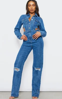Tall Indigo Blue Wash Denim Cut Out Jumpsuit