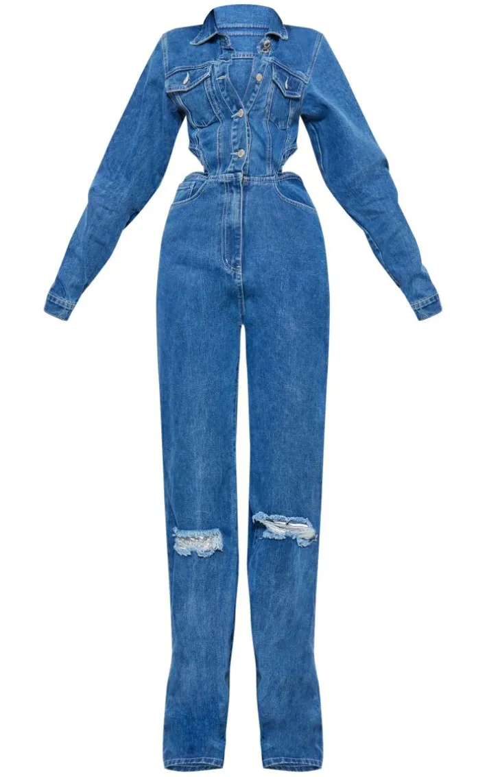Tall Indigo Blue Wash Denim Cut Out Jumpsuit
