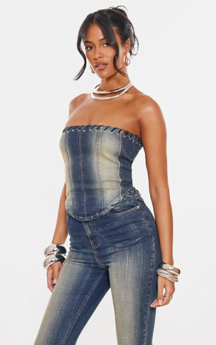 Tall Indigo Vintage Wash Eyelet Detail Denim Corset Top