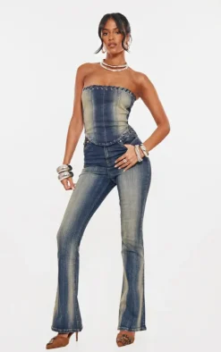 Tall Indigo Vintage Wash Eyelet Detail Denim Corset Top