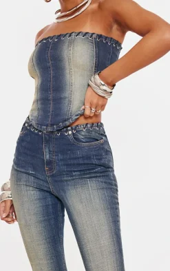 Tall Indigo Vintage Wash Eyelet Detail Denim Corset Top