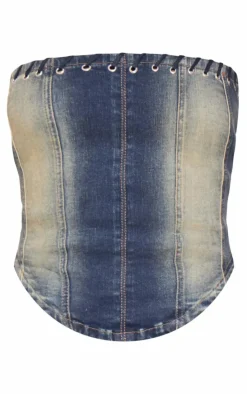 Tall Indigo Vintage Wash Eyelet Detail Denim Corset Top