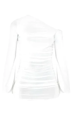 Tall Ivory Slinky Ruched Off The Shoulder Mini Dress