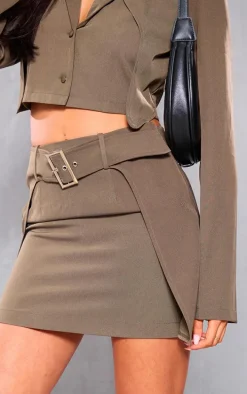 Tall Khaki Belted Detail Woven Mini Skirt