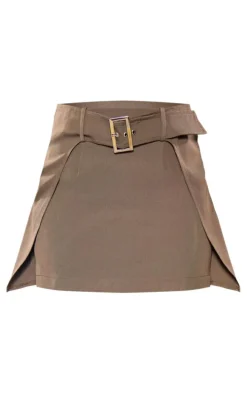 Tall Khaki Belted Detail Woven Mini Skirt