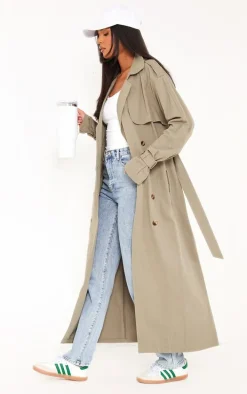 Tall Khaki Panel Detail Belted Trench Coat