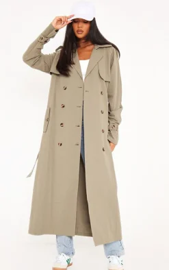 Tall Khaki Panel Detail Belted Trench Coat
