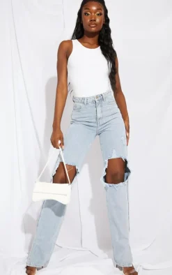 Tall Light Blue Ripped Knee Split Hem Denim Jeans