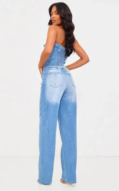 Tall Light Blue Wash Button Up Bandeau Denim Jumpsuit