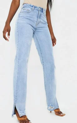 Tall Light Blue Wash Ripped Detail Split Hem Straight Leg Jeans