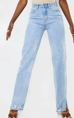 Tall Light Blue Wash Ripped Detail Split Hem Straight Leg Jeans