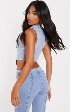 Tall Light Blue Wash Zip Detail Denim Corset Top