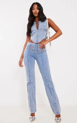 Tall Light Blue Wash Zip Detail Denim Corset Top