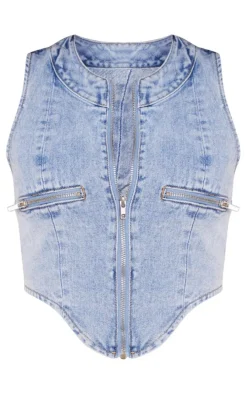 Tall Light Blue Wash Zip Detail Denim Corset Top