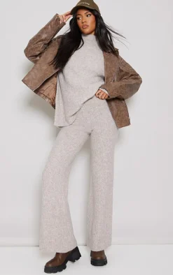 Tall Light Brown Luxe Rib Knit Wide Leg Pants