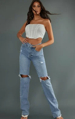 Tall Light Wash Extra Long Ripped High Waist Straight Leg Jeans