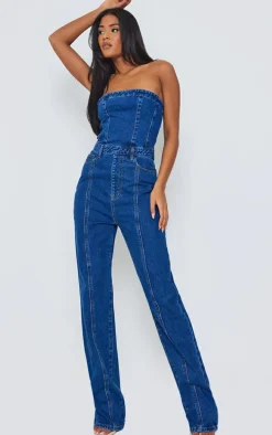 Tall Mid Blue Wash Bandeau Straight Leg Denim Jumpsuit
