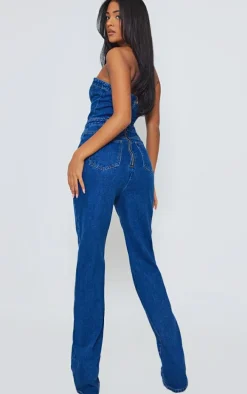 Tall Mid Blue Wash Bandeau Straight Leg Denim Jumpsuit
