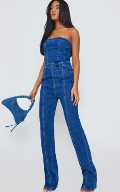 Tall Mid Blue Wash Bandeau Straight Leg Denim Jumpsuit