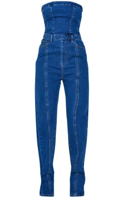 Tall Mid Blue Wash Bandeau Straight Leg Denim Jumpsuit