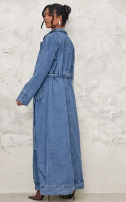 Tall Mid Blue Wash Belt Detail Denim Trench Coat