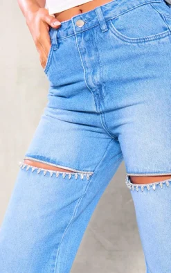 Tall Mid Blue Wash Diamante Cut Out Detail Mid Rise Straight Leg Jeans