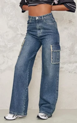 Tall Mid Blue Wash Frayed Seam Cargo Pocket High Waist Boyfriend Jeans