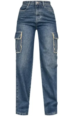 Tall Mid Blue Wash Frayed Seam Cargo Pocket High Waist Boyfriend Jeans