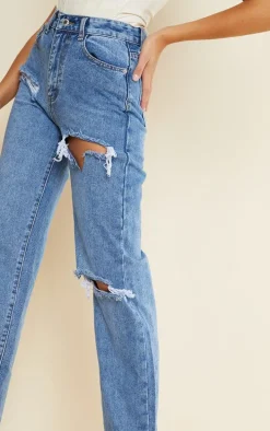 Tall Mid Blue Wash Ripped High Waist Split Hem Jeans