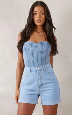 Tall Mid Blue Wash Turn Up Denim Shorts