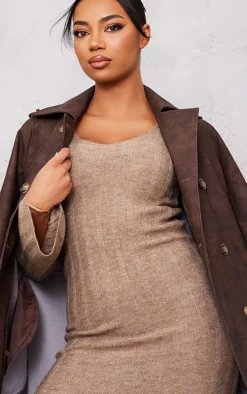 Tall Mocha Rib Knitted V Neck Midaxi Dress