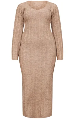 Tall Mocha Rib Knitted V Neck Midaxi Dress