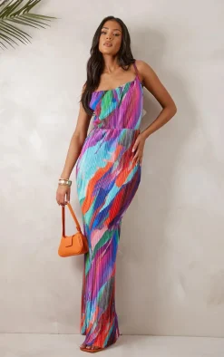 Tall Multi Abstract Print Plisse Strappy Maxi Dress