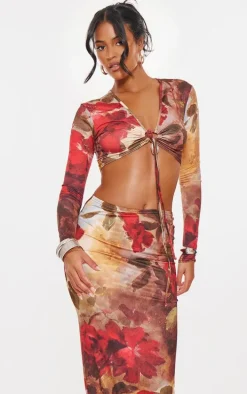 Tall Multi Floral Print Soft Touch Tie Front Top