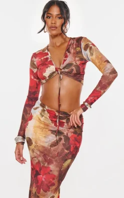 Tall Multi Floral Print Soft Touch Tie Front Top