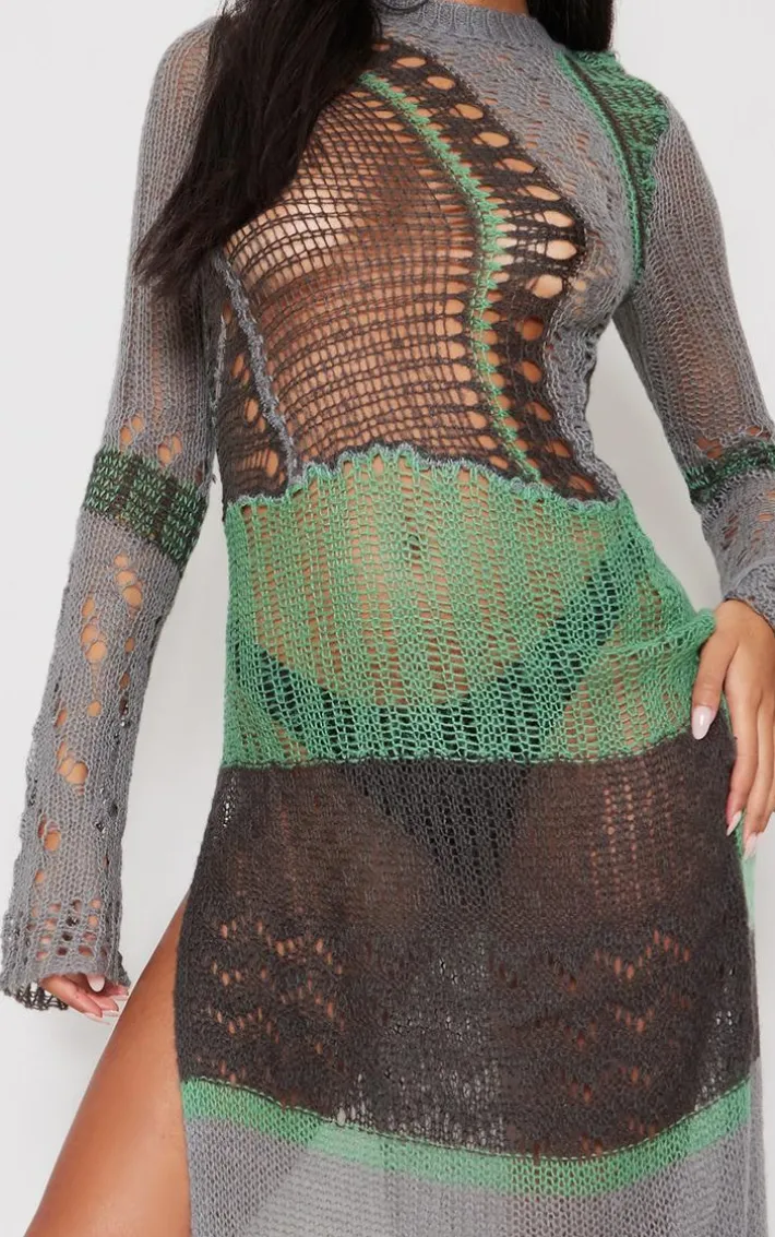 Tall Multi Open Knit Distressed Maxi Dress With Side Split