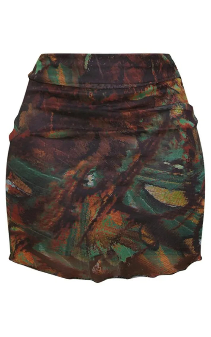 Tall Multi Printed Lettuce Hem Mesh Bodycon Skirt
