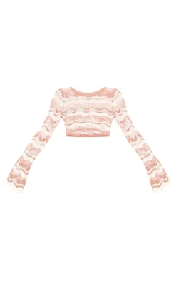 Tall Multi Stone Open Knit Long Sleeve Crop Top