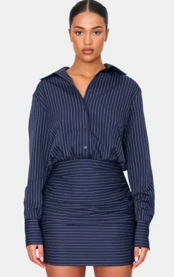 Tall Navy Pinstripe Shirt Ruched Mini Dress